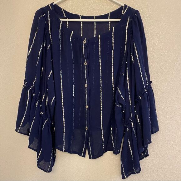 Anthropologie Floreat Navy Blue festival semi sheer Blouse Top fairy Bell L - Picture 2 of 8